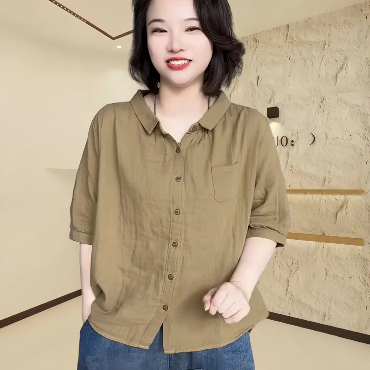 2024夏季新款简约短袖衬衫女式宽松减龄显瘦上衣复古百搭薄款上衣