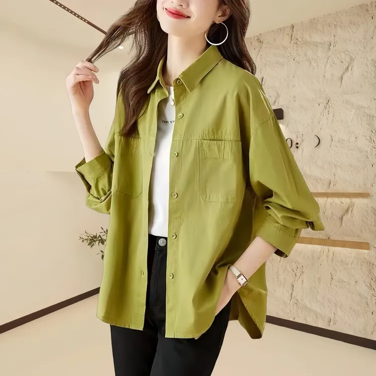 轻奢防晒女士衬衫2025夏季新款双口袋纯色衬衣宽松休闲长袖小衫女