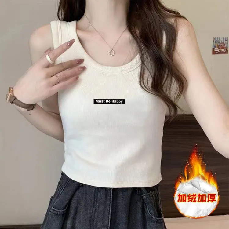 加绒吊带新款学生背心短款冬季韩版打底字母无袖上衣外穿修身百搭