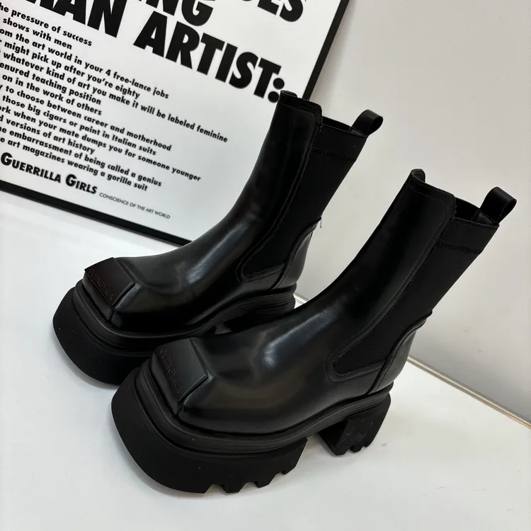 「6」厚底短靴方头百搭骑士靴厚底烟筒靴时尚208-5/6275-5中筒粗跟