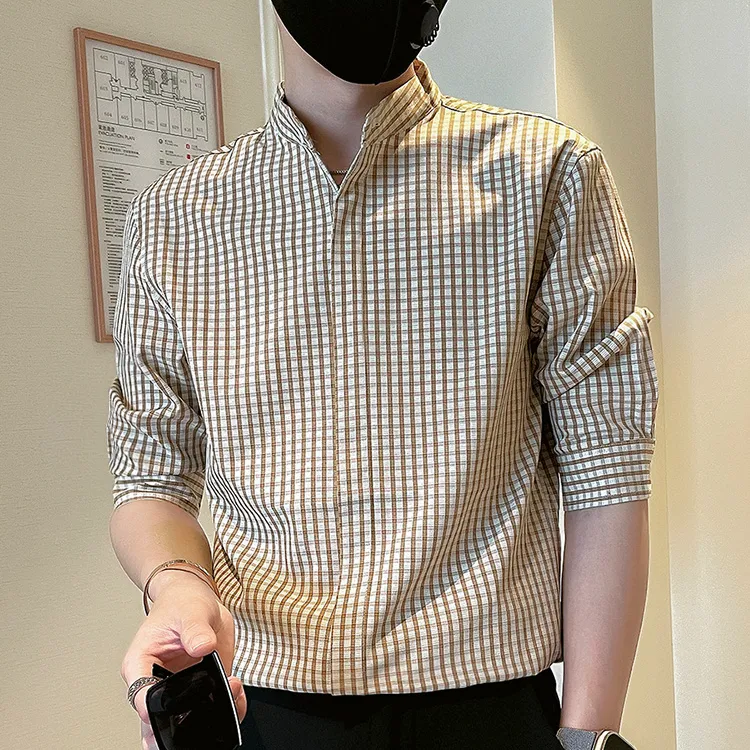 高级感格子衬衫男款七分袖潮牌痞帅气轻熟百搭衬衣春秋季半袖上衣
