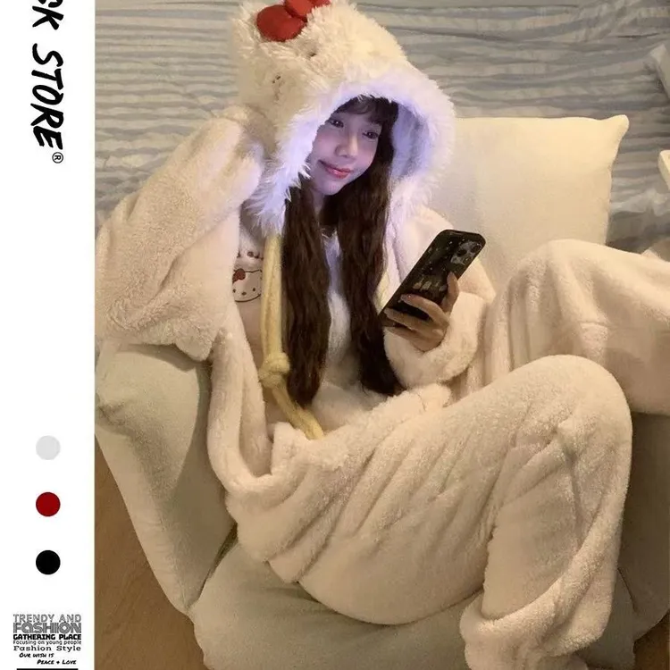 【初沁枫】冬季新款睡衣女时尚甜美可爱连帽加厚保暖拉链家居服