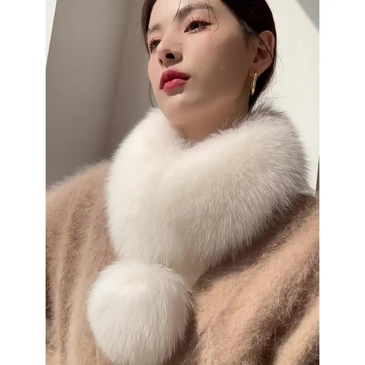 真狐狸毛围脖冬季大毛球双面獭兔毛内衬皮草围巾百搭时尚狐狸围脖