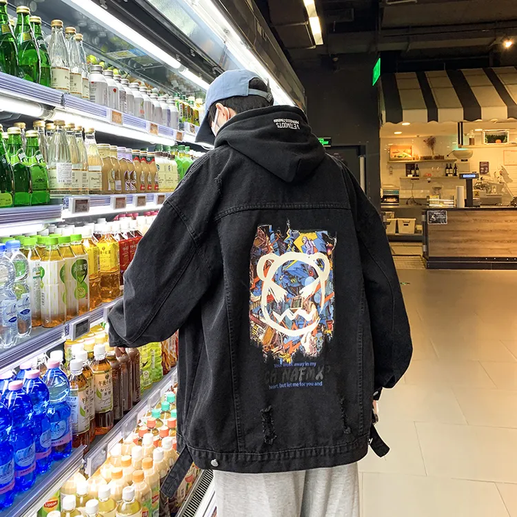 美式工装牛仔外套男士秋冬加棉加厚潮流大码痞帅高街宽松连帽夹克