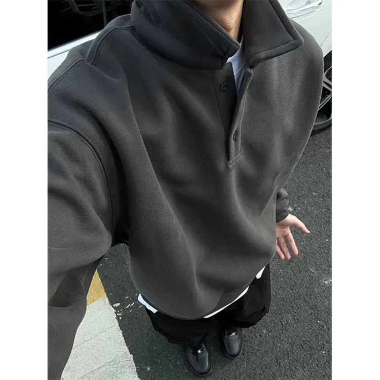 加绒polo领卫衣男秋冬款高级感内搭长袖打底衫美式复古翻领外套