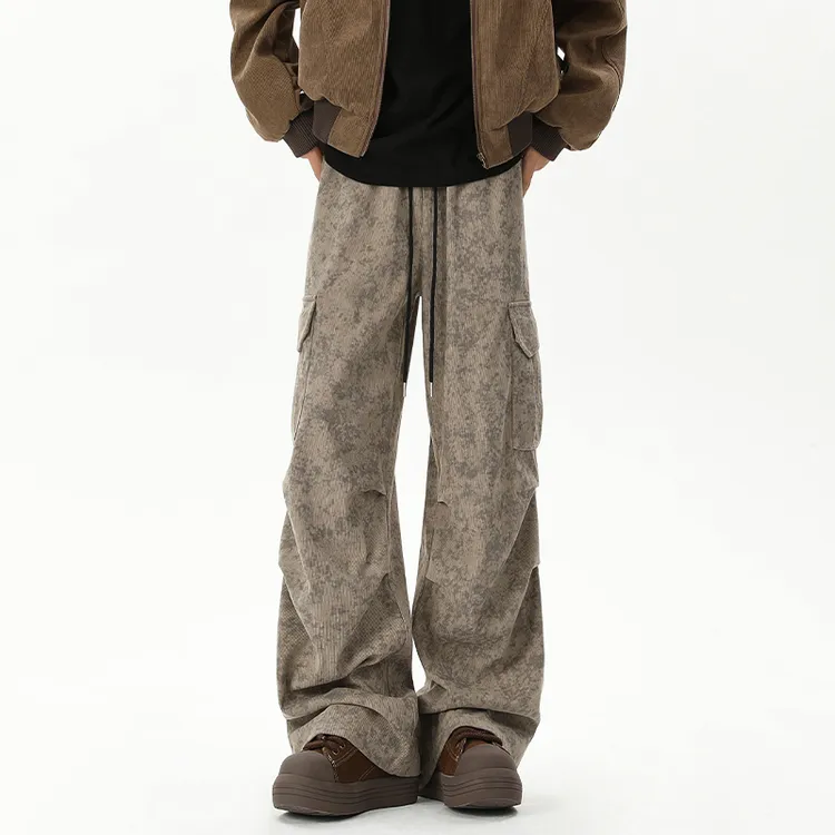 大理石设计感暗纹休闲工装裤男款秋冬加绒潮牌美式复古休闲阔腿裤