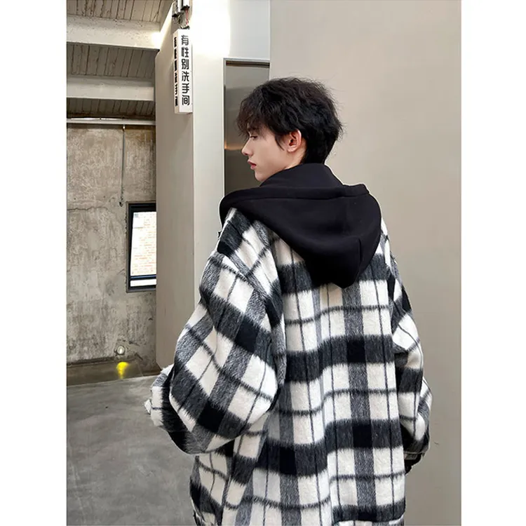 小香风毛呢格子外套男女同款秋冬假两件工装连帽夹克韩系大衣褂子