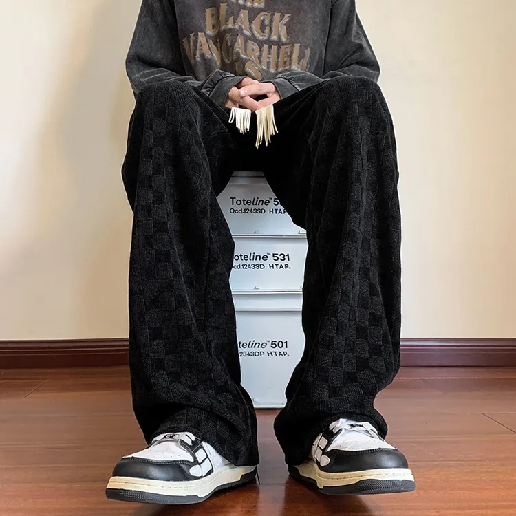 棋盘格卫裤男春秋潮流百搭日系休闲裤子垂感阔腿直筒长裤裤子男