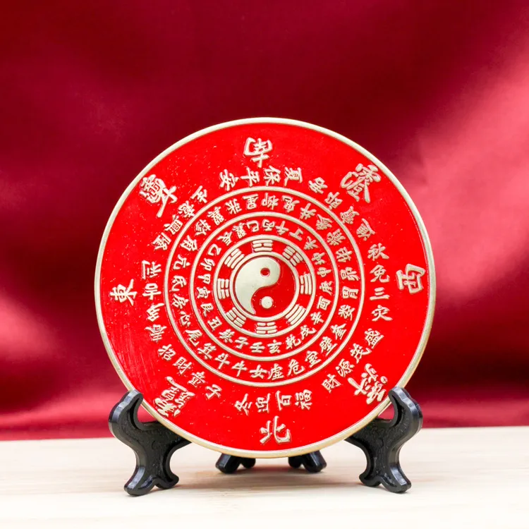 天官赐福浮雕铜镜摆件红色山海镇摆件太极八卦客厅玄关工艺品