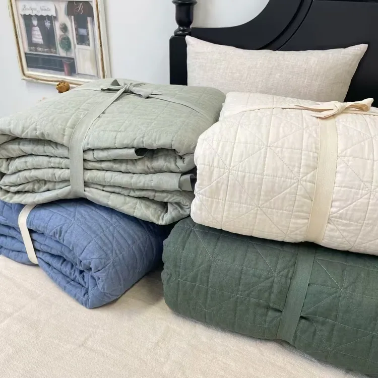 外贸法国亚麻雨露麻床盖三件套夹棉水洗AB版加厚床单盖被可铺可盖