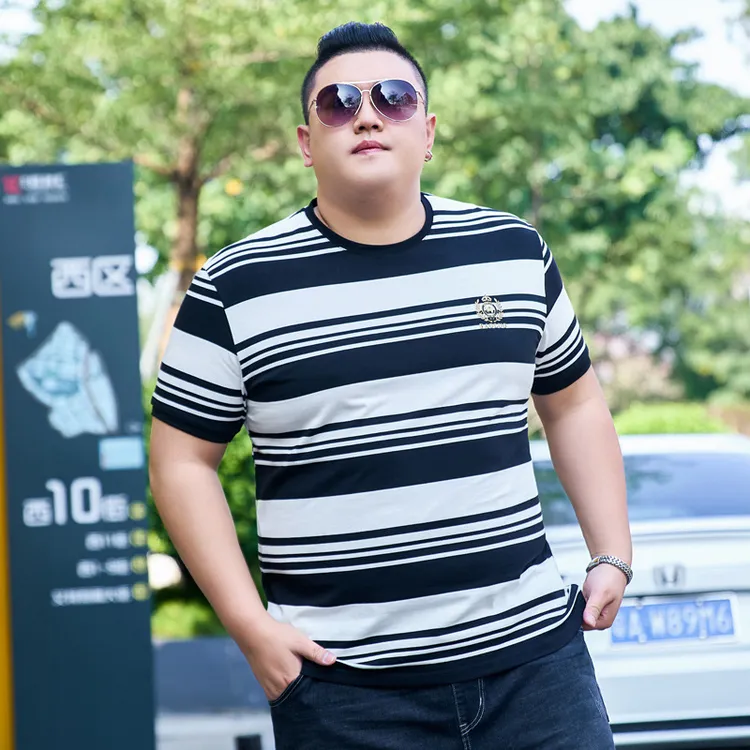 胖子男装加肥加大码半袖圆领T恤条纹显瘦潮流半袖体恤纯棉夏装薄