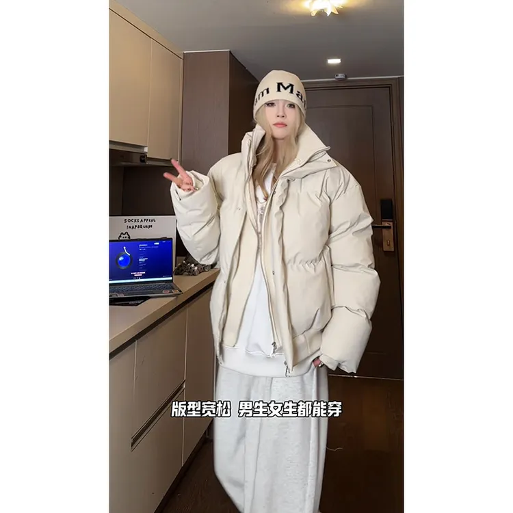 2024年冬季新品韩版PU皮棉服男女情侣美式设计感假两件立领