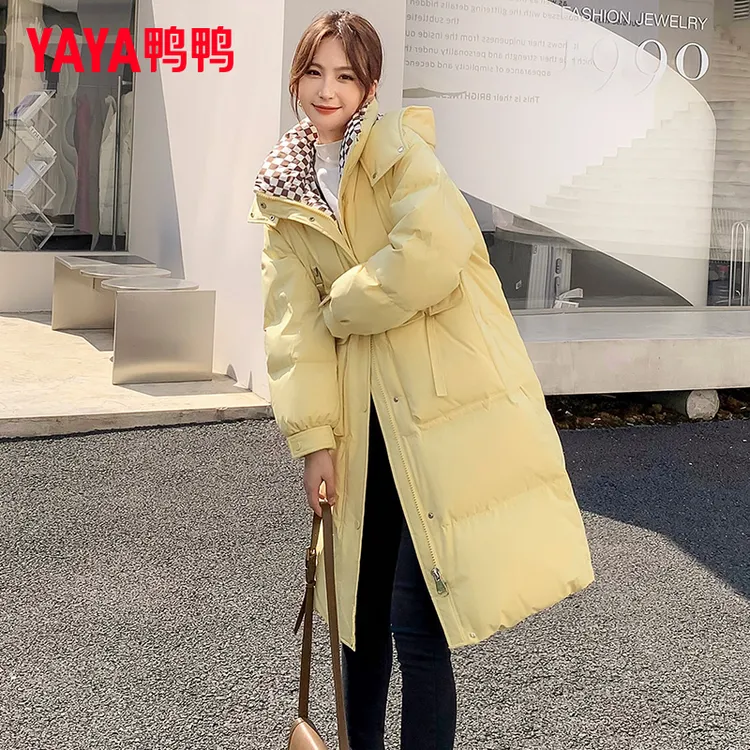 YAYA/鸭鸭爆款羽绒服女长过膝2024冬新款棋盘格设计宽松加厚外套