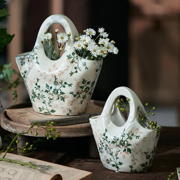 德国手提包包陶瓷花瓶摆件中式客厅插花水培创意法式复古田园风高