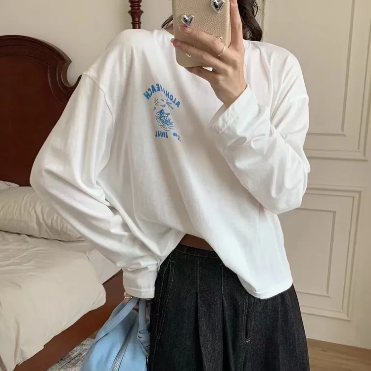 微透长袖沙滩长袖衣圆领韩版宽松印花百搭