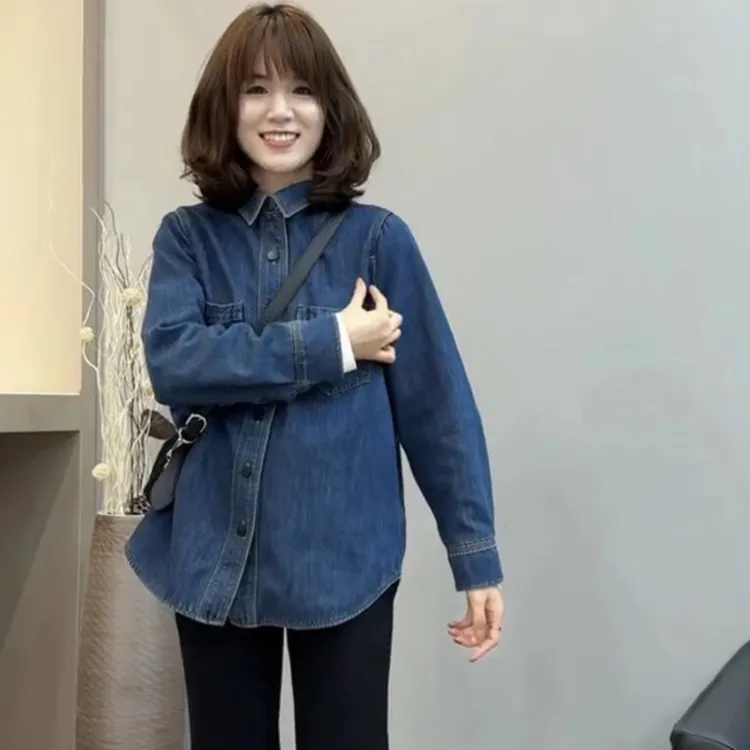【小个子短款】深蓝色软牛仔衬衫女春季内搭叠穿衬衣法式复古上衣