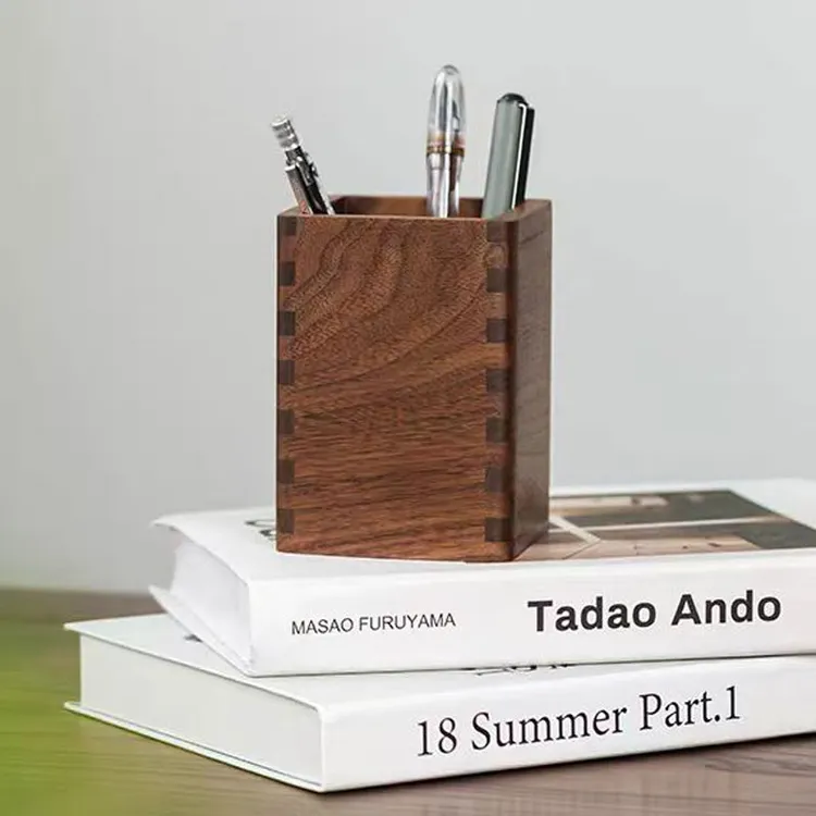 木质笔筒收纳盒桌面儿童学生轻奢高级感黑胡桃实木创意大容量笔桶