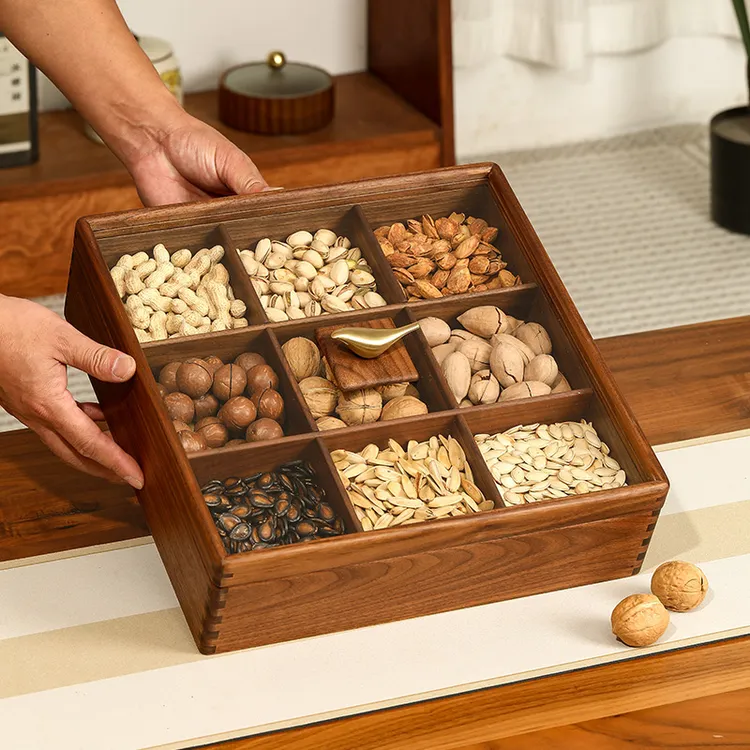 黑胡桃实木干果盒分格家用客厅坚果糖果收纳盒新中式果盘2025新款