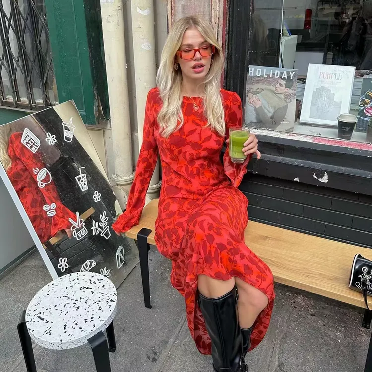 摩洛哥玫瑰印花长袖连衣裙女2025春秋气质修身显瘦慵懒风度假长裙