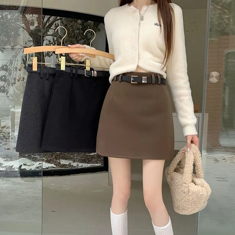 美拉德裙子女冬防走光小个子包臀短裙配毛衣高腰a字毛呢半身裙ins