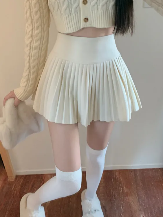 毛呢秋冬2025白色百褶短裙高腰百褶裙新款防走光小个子显瘦A字裙