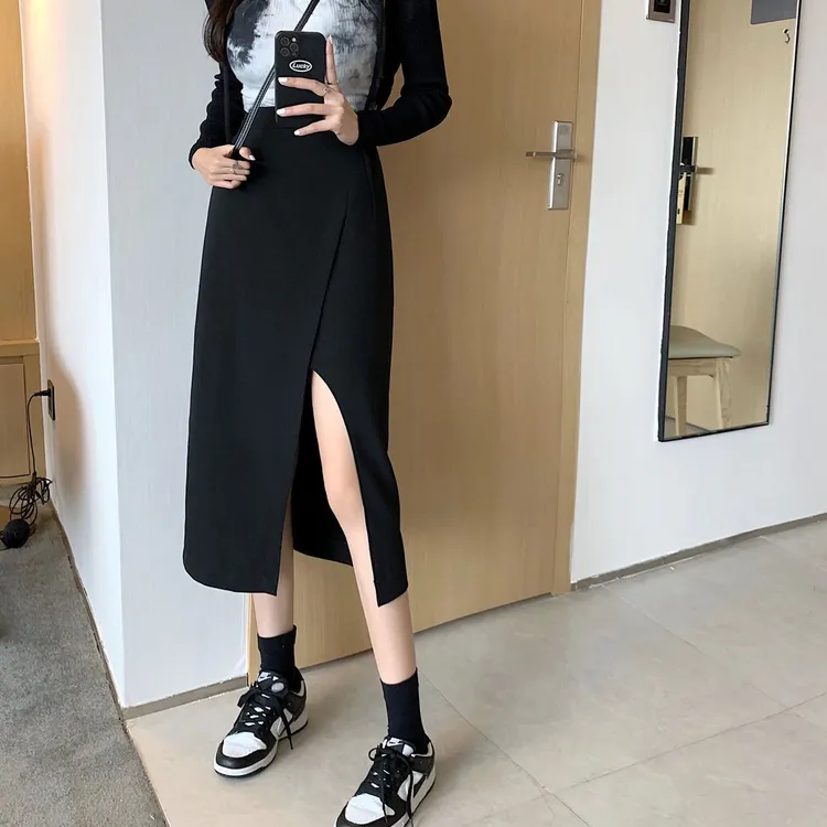 黑色西装半身裙女2025春秋新款高腰显瘦a字裙包臀裙开叉中长裙子
