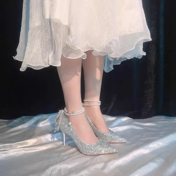 珍珠链脚环水晶高跟鞋2024新款秀禾婚鞋18岁成人礼送女朋友新娘鞋