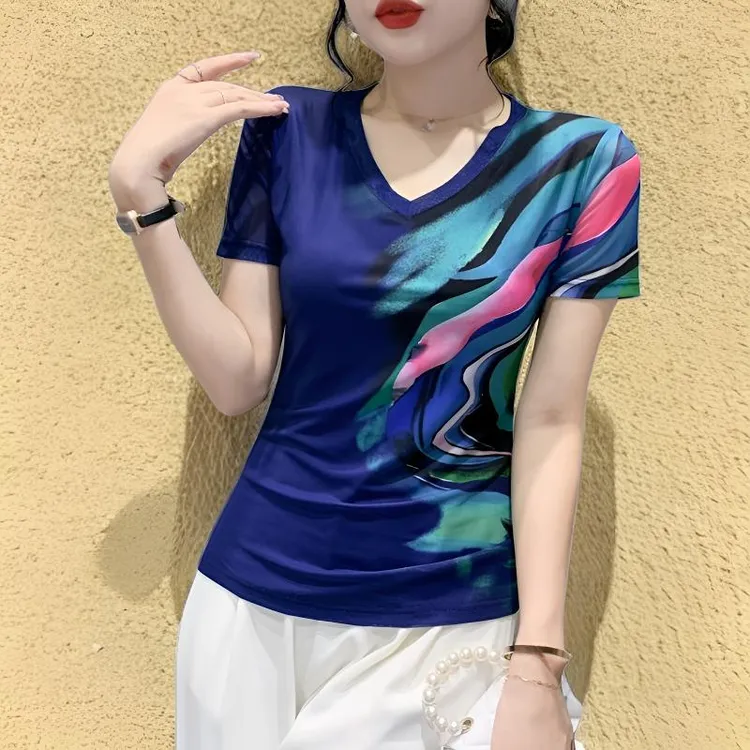 修身显瘦网纱短袖t恤2025夏季新款洋气气质微胖上衣高档透气纱衣