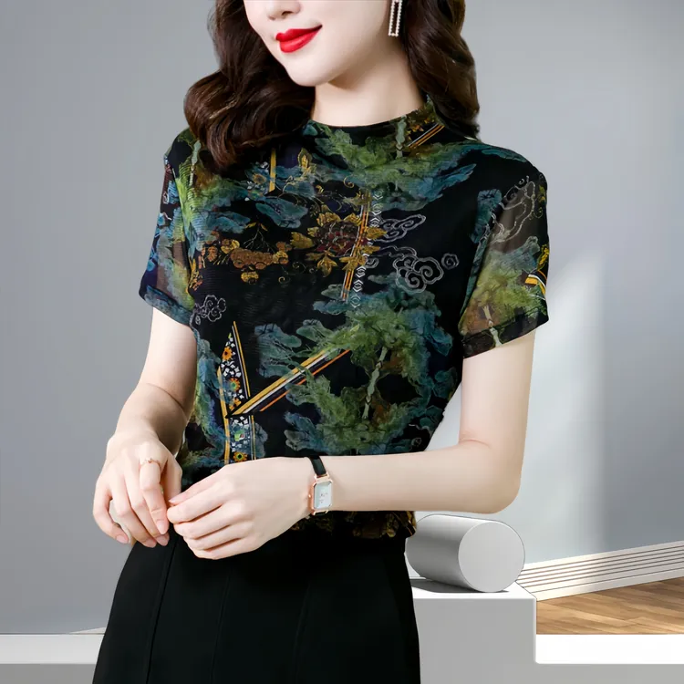 高档次印花网纱短袖t恤女2025夏季新款爆款洋气半袖上衣显瘦小衫