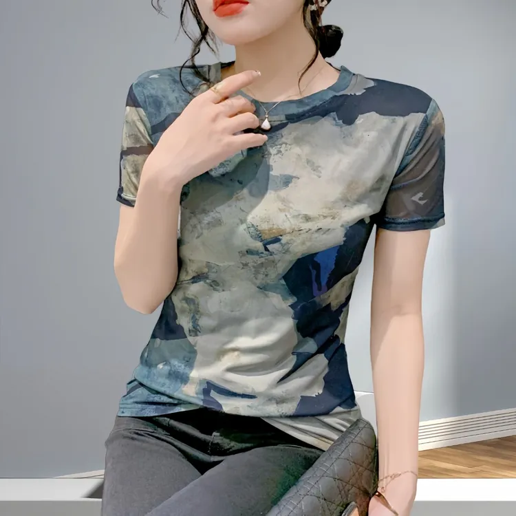 高档次网纱短袖t恤女2025夏季新款爆款时髦洋气半袖上衣修身纱衣