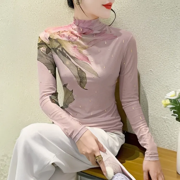 高档次国风上衣女修身内搭2025年秋冬新款时尚洋气网纱加绒打底衫