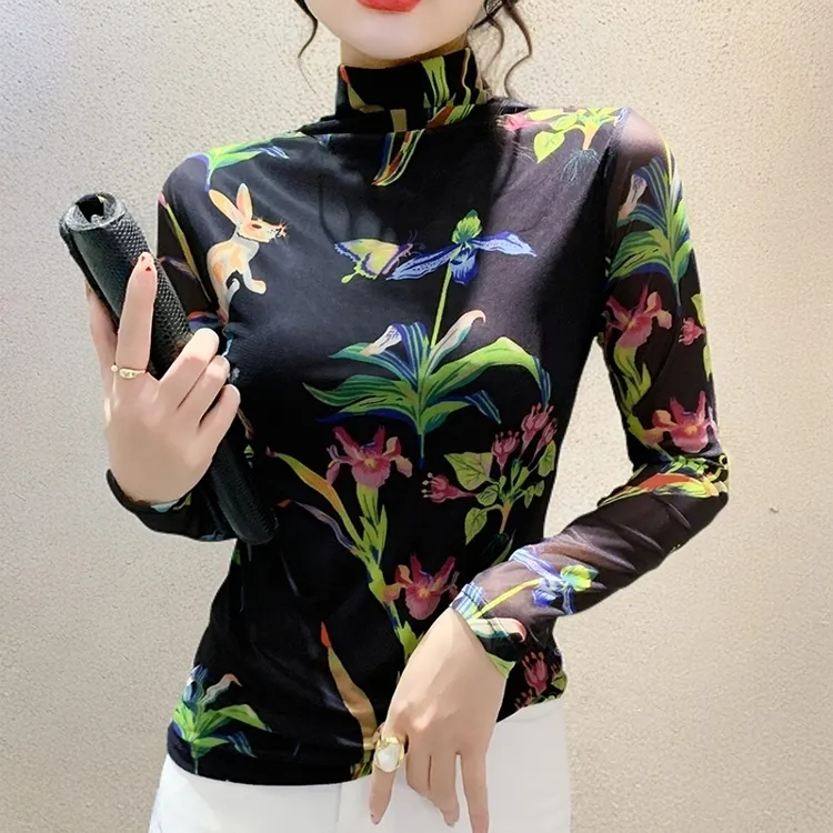 女款气质显瘦衣服高档网纱打底衫2024秋冬新款中国风花色内搭上衣