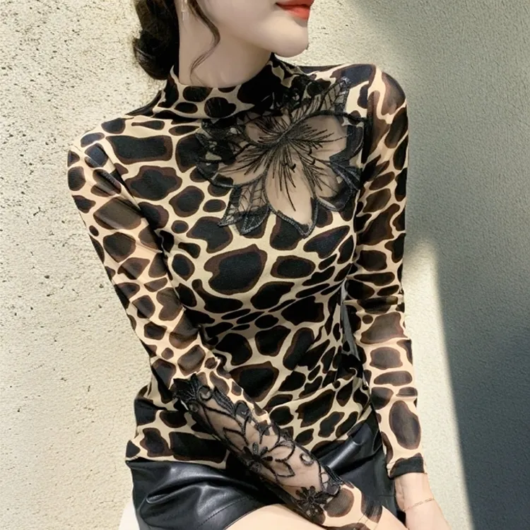 秋冬季潮牌时尚女装正版网纱上衣爆款2025新款性感豹纹长袖打底衫