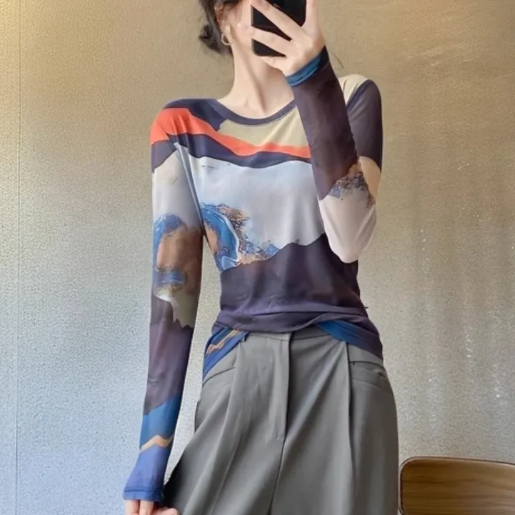 高档气质蕾丝衫女2025秋季新款正版网纱上衣网红爆款打底衫高级感