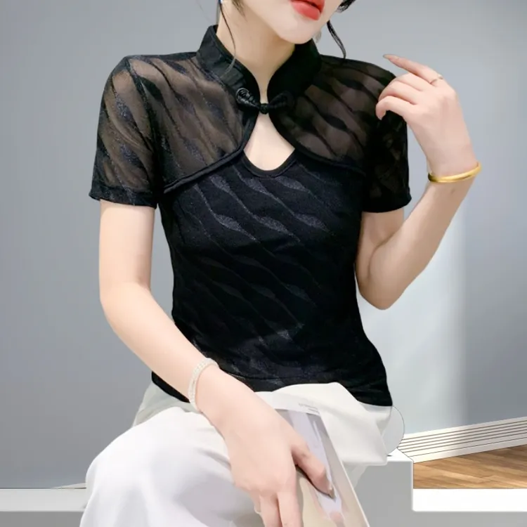 新中式高档网纱短袖t恤2025夏季新款爆款洋气改良中国风盘扣上衣