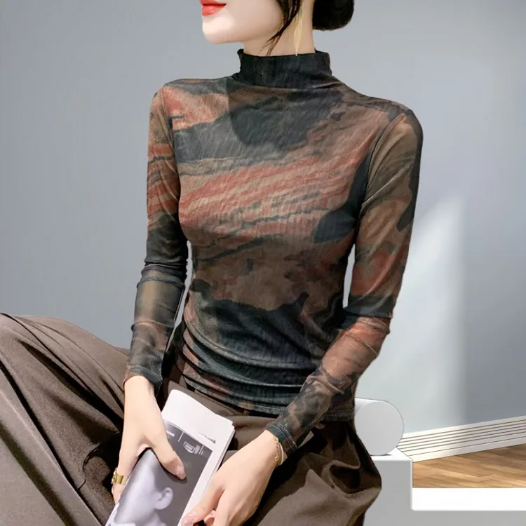 时尚百搭服装气质长袖正版网纱打底衫女爆款2025新款独特漂亮小衫