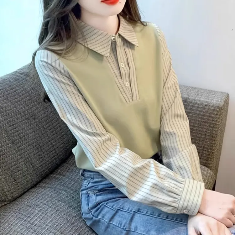 欧米朵假两件竖条纹长袖衬衫针织上衣女2023秋冬款雪纺打底衫衬衣