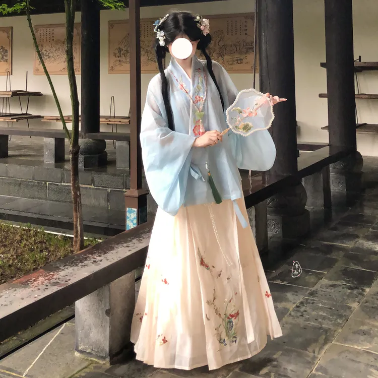 【玲珑语】汉服2024夏季整套大码薄款日常蓝色花鸟刺绣马面裙