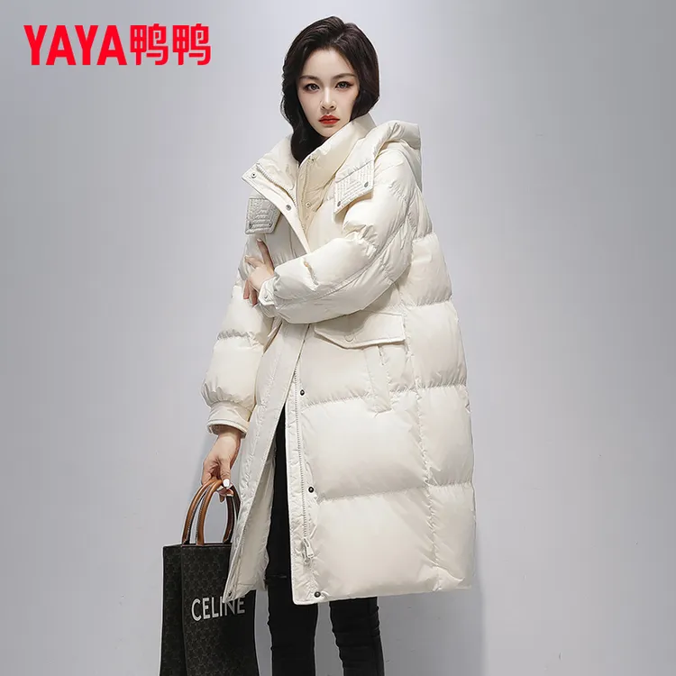 YAYA/鸭鸭韩版长款过膝羽绒服女2025冬季新款时尚连帽加厚外套潮