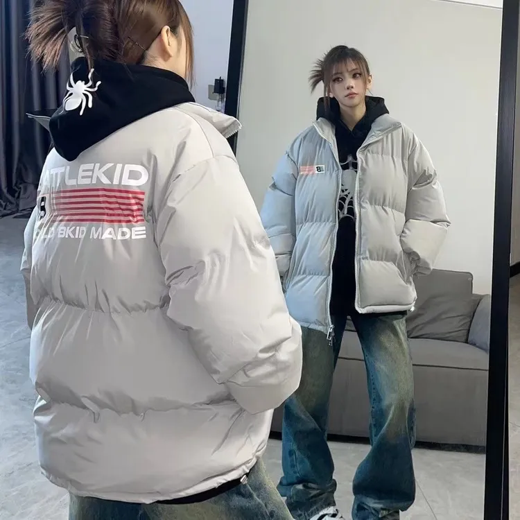  国潮旗帜印花复古立领棉衣棉服男女冬季加厚宽松情侣外套面包服