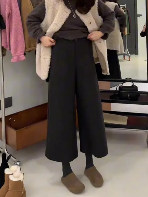 今年流行百搭直筒毛呢裤2025年秋冬厚款高腰显瘦宽松九分阔腿裤子