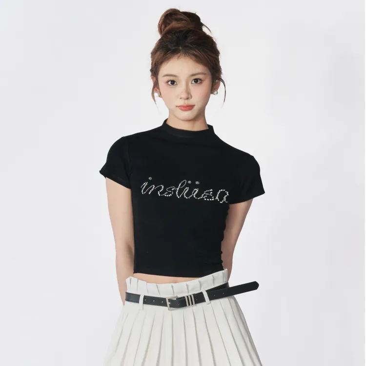  iNSLiiSA【巴洛克】紧身黑色珍珠短袖T正肩短款上衣露脐辣妹装