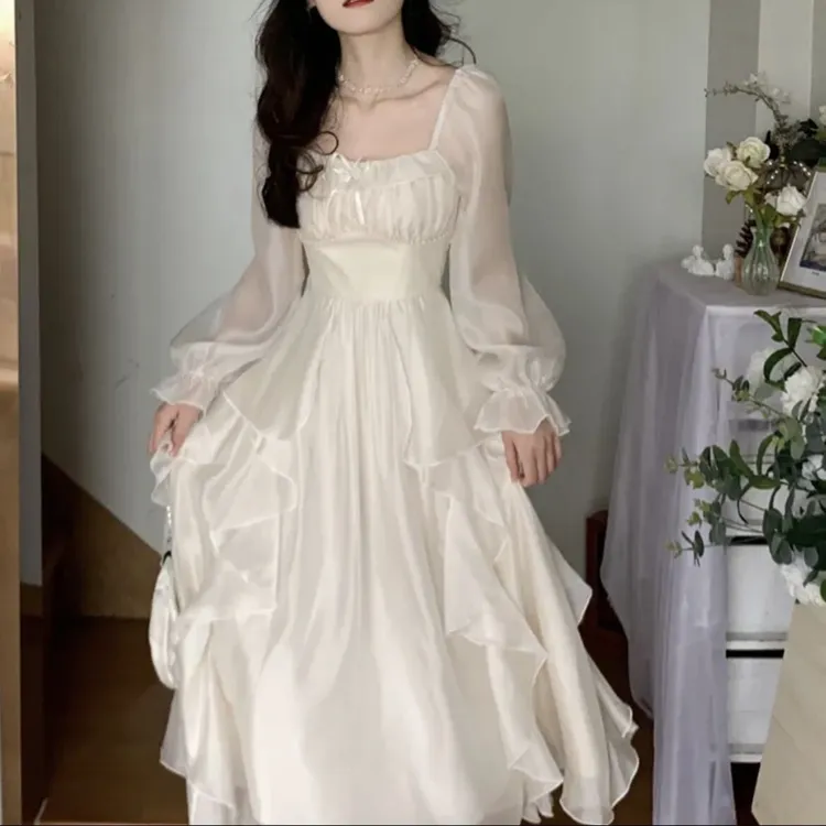 【生日裙】小个子礼服裙仙气温柔公主风收腰显瘦连衣裙法方领连衣裙