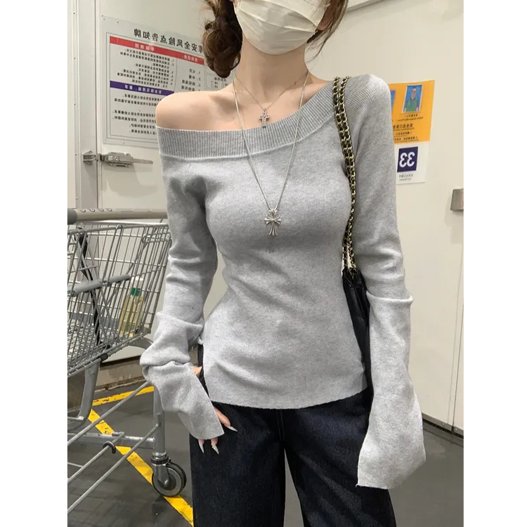 长袖上衣针织衫露肩领短款修身打底衫女款秋冬百搭女上衣