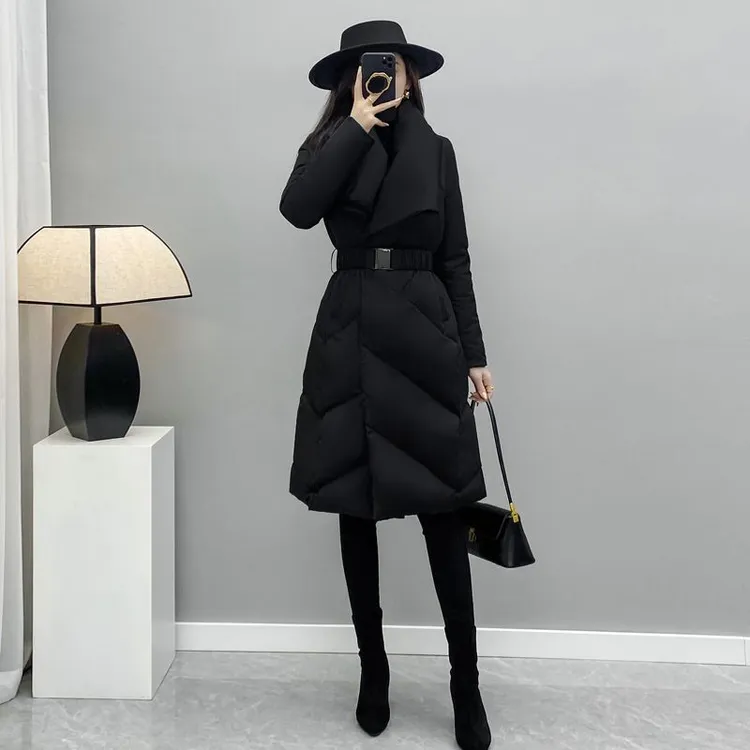 2024冬季新款黑色修身过膝中长款羽绒服女小个子收腰显瘦羽绒外套
