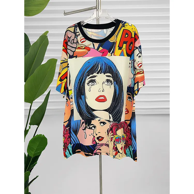 潮牌欧美大版重工烫钻宽松时尚2024夏百搭短袖T恤减龄显瘦遮肚子