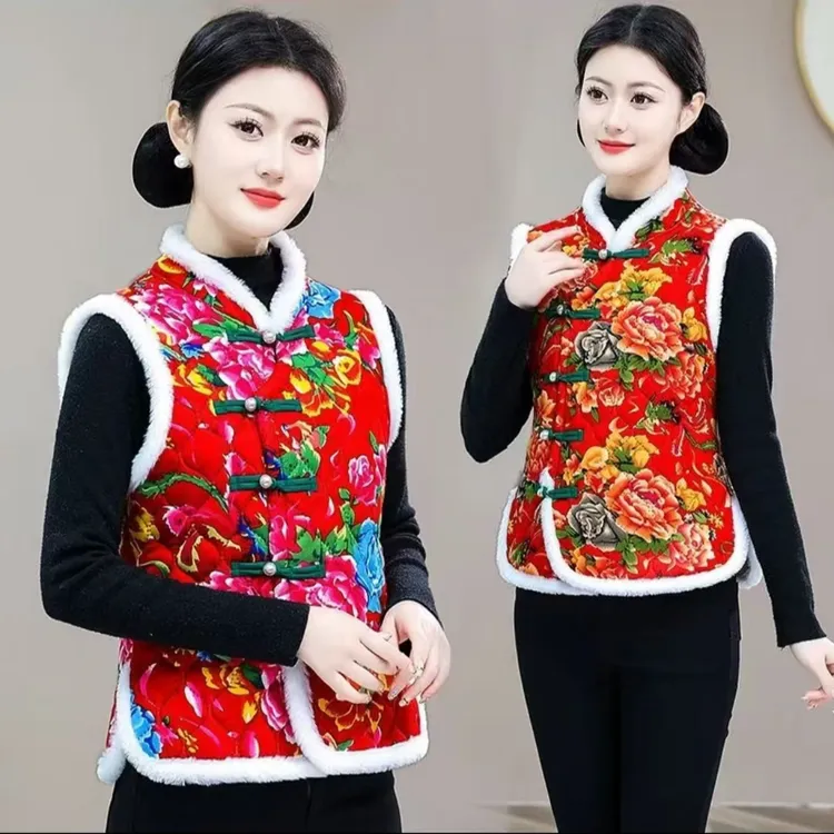 秋冬东北大花马甲加绒加厚珍珠盘扣民族风保暖马夹防寒坎肩背心