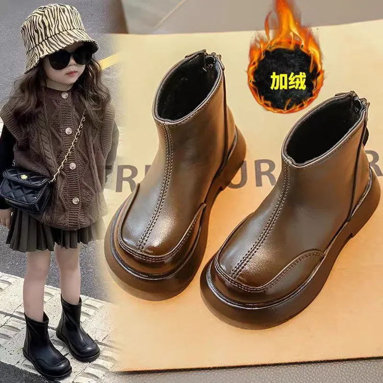 女童靴子2024新款秋冬加绒鞋子儿童短靴英伦风宝宝马丁靴女孩棉靴