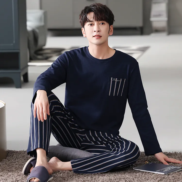 全棉男睡衣春秋季纯棉套装休闲圆领套头家居服大码爸爸装中年长袖