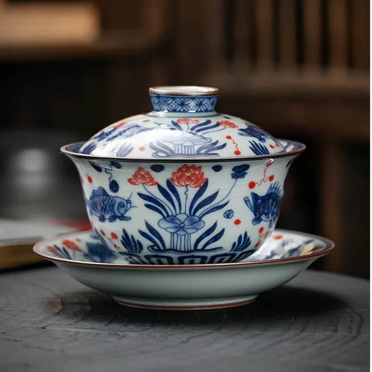 老陶泥青花盖碗鱼藻纹高端手工三才碗单个防烫泡陶瓷茶具敬茶杯